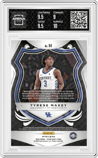 Tyrese Maxey from the 2020-21 Panini Prizm Draft Picks set featuring a Red Ice parallel graded by Arena Club and given an overall grade of 9.5.