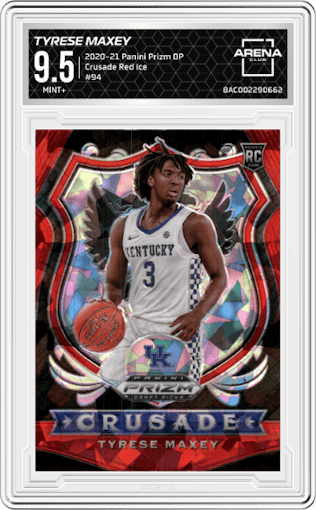 Tyrese Maxey from the 2020-21 Panini Prizm Draft Picks set featuring a Red Ice parallel graded by Arena Club and given an overall grade of 9.5.