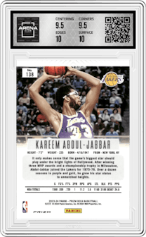 Kareem Abdul-Jabbar from the 2023-24 Panini Prizm Deca set featuring a Red Prizm parallel graded by Arena Club and given an overall grade of 10.
