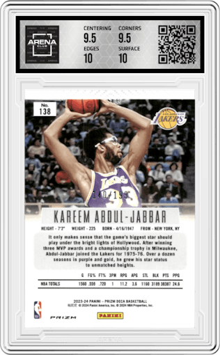 Kareem Abdul-Jabbar from the 2023-24 Panini Prizm Deca set featuring a Red Prizm parallel graded by Arena Club and given an overall grade of 10.