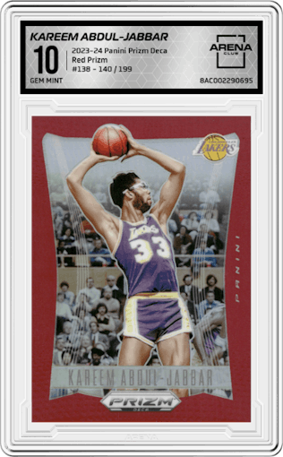 Kareem Abdul-Jabbar from the 2023-24 Panini Prizm Deca set featuring a Red Prizm parallel graded by Arena Club and given an overall grade of 10.