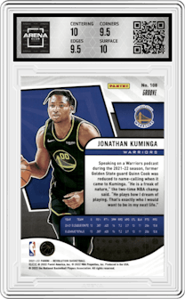 Jonathan Kuminga from the 2021-22 Panini Revolution  set featuring a Groove parallel graded by Arena Club and given an overall grade of 10.