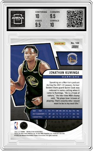 Jonathan Kuminga from the 2021-22 Panini Revolution  set featuring a Groove parallel graded by Arena Club and given an overall grade of 10.
