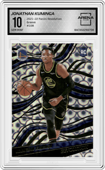 Jonathan Kuminga from the 2021-22 Panini Revolution  set featuring a Groove parallel graded by Arena Club and given an overall grade of 10.