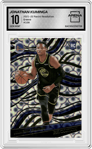Jonathan Kuminga from the 2021-22 Panini Revolution  set featuring a Groove parallel graded by Arena Club and given an overall grade of 10.