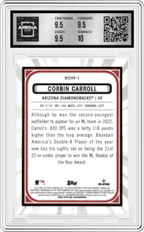 Corbin Carroll from the 2023 Bowman  set graded by Arena Club and given an overall grade of 10.