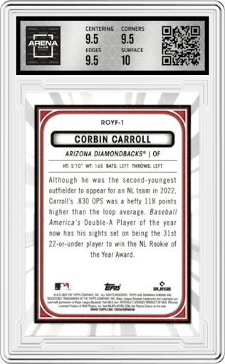 Corbin Carroll from the 2023 Bowman  set graded by Arena Club and given an overall grade of 10.