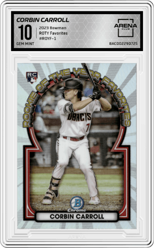 Corbin Carroll from the 2023 Bowman  set graded by Arena Club and given an overall grade of 10.