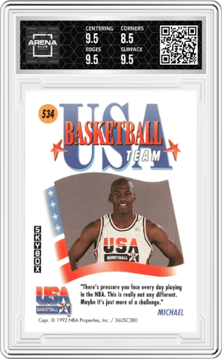 Michael Jordan from the 1991-92 Skybox set graded by Arena Club and given an overall grade of 9.