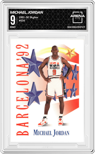 Michael Jordan from the 1991-92 Skybox set graded by Arena Club and given an overall grade of 9.