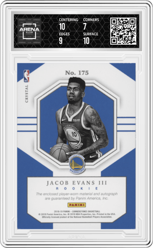 Jacob Evans III from the 2018-19 Panini Cornerstones set featuring a Crystal parallel graded by Arena Club and given an overall grade of 7.5.