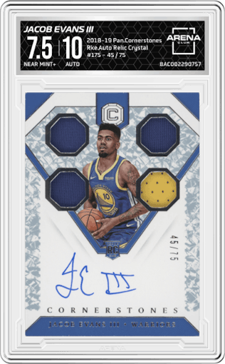 Jacob Evans III from the 2018-19 Panini Cornerstones set featuring a Crystal parallel graded by Arena Club and given an overall grade of 7.5.