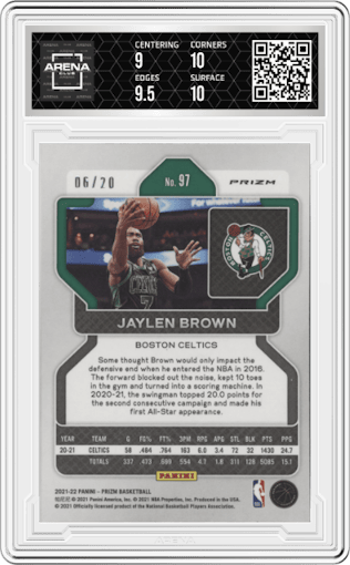 Jaylen Brown from the 2021-22 Panini Prizm  set featuring a Fast Break Bronze parallel graded by Arena Club and given an overall grade of 9.5.