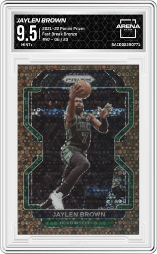 Jaylen Brown from the 2021-22 Panini Prizm  set featuring a Fast Break Bronze parallel graded by Arena Club and given an overall grade of 9.5.