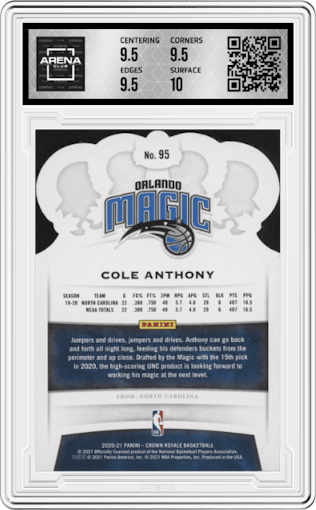 Cole Anthony from the 2020-21 Panini Crown Royale set featuring a Lucky Envelopes parallel graded by Arena Club and given an overall grade of 10.