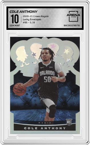 Cole Anthony from the 2020-21 Panini Crown Royale set featuring a Lucky Envelopes parallel graded by Arena Club and given an overall grade of 10.
