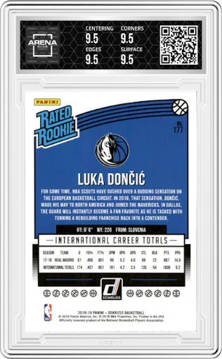 Luka Doncic from the 2018-19 Panini Donruss  set graded by Arena Club and given an overall grade of 9.5.