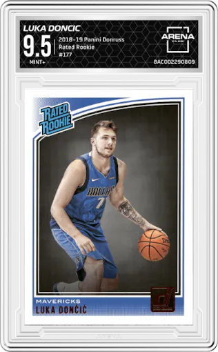 Luka Doncic from the 2018-19 Panini Donruss  set graded by Arena Club and given an overall grade of 9.5.