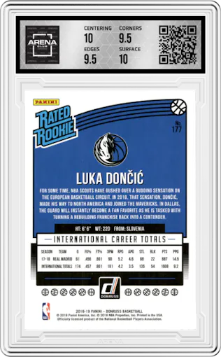 Luka Doncic from the 2018-19 Panini Donruss  set graded by Arena Club and given an overall grade of 10.