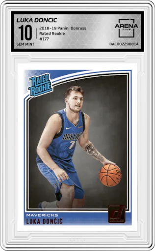 Luka Doncic from the 2018-19 Panini Donruss  set graded by Arena Club and given an overall grade of 10.