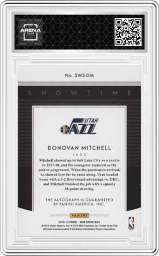 Donovan Mitchell from the 2018-19 Panini Noir set graded by Arena Club.