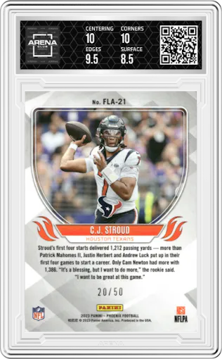 C.J. Stroud from the 2023 Panini Phoenix set featuring a Bronze parallel graded by Arena Club and given an overall grade of 9.