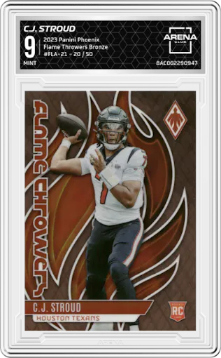 C.J. Stroud from the 2023 Panini Phoenix set featuring a Bronze parallel graded by Arena Club and given an overall grade of 9.