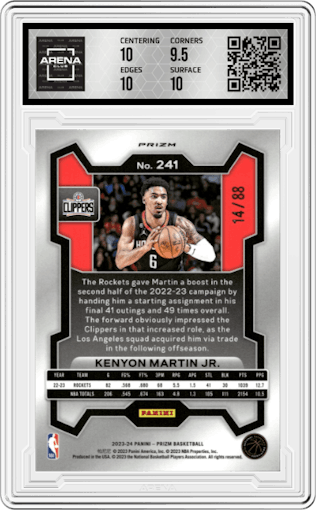 Kenyon Martin Jr. from the 2023-24 Panini Prizm set featuring a Choice Red parallel graded by Arena Club and given an overall grade of 10.