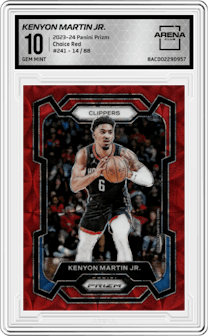 Kenyon Martin Jr. from the 2023-24 Panini Prizm set featuring a Choice Red parallel graded by Arena Club and given an overall grade of 10.