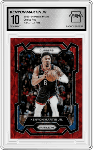 Kenyon Martin Jr. from the 2023-24 Panini Prizm set featuring a Choice Red parallel graded by Arena Club and given an overall grade of 10.