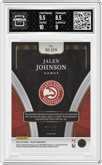 Jalen Johnson from the 2021-22 Panini Select set featuring a Purple Prizm parallel graded by Arena Club and given an overall grade of 9.