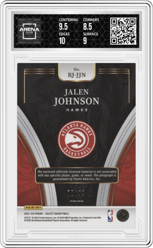 Jalen Johnson from the 2021-22 Panini Select set featuring a Purple Prizm parallel graded by Arena Club and given an overall grade of 9.