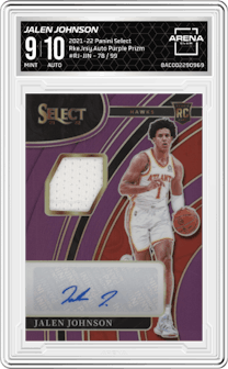 Jalen Johnson from the 2021-22 Panini Select set featuring a Purple Prizm parallel graded by Arena Club and given an overall grade of 9.