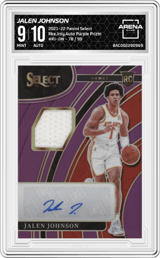 Jalen Johnson from the 2021-22 Panini Select set featuring a Purple Prizm parallel graded by Arena Club and given an overall grade of 9.