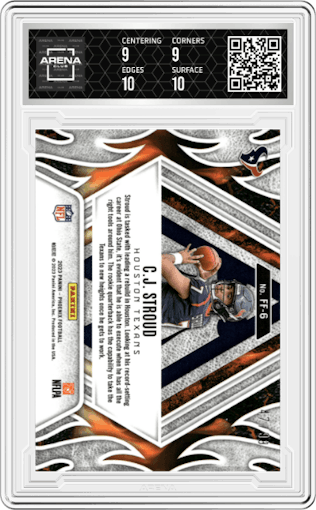 C.J. Stroud from the 2023 Panini Phoenix set featuring a Orange parallel graded by Arena Club and given an overall grade of 9.5.