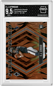 C.J. Stroud from the 2023 Panini Phoenix set featuring a Orange parallel graded by Arena Club and given an overall grade of 9.5.