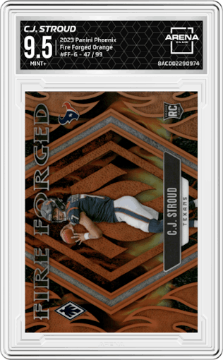 C.J. Stroud from the 2023 Panini Phoenix set featuring a Orange parallel graded by Arena Club and given an overall grade of 9.5.
