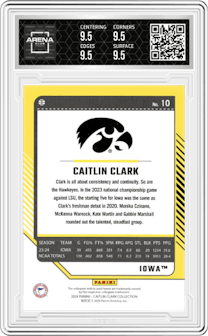 Caitlin Clark from the 2024 Panini Caitlin Clark Collection set featuring a Vortex parallel graded by Arena Club and given an overall grade of 9.5.