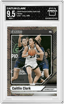Caitlin Clark from the 2024 Panini Caitlin Clark Collection set featuring a Vortex parallel graded by Arena Club and given an overall grade of 9.5.