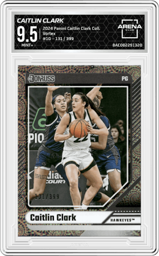 Caitlin Clark from the 2024 Panini Caitlin Clark Collection set featuring a Vortex parallel graded by Arena Club and given an overall grade of 9.5.