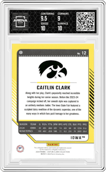 Caitlin Clark from the 2024 Panini Caitlin Clark Collection set featuring a Target parallel graded by Arena Club and given an overall grade of 9.5.