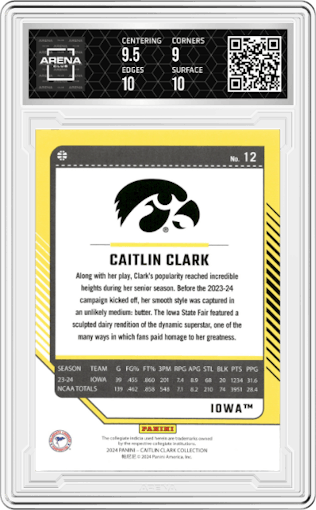 Caitlin Clark from the 2024 Panini Caitlin Clark Collection set featuring a Target parallel graded by Arena Club and given an overall grade of 9.5.