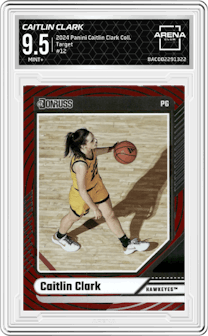 Caitlin Clark from the 2024 Panini Caitlin Clark Collection set featuring a Target parallel graded by Arena Club and given an overall grade of 9.5.