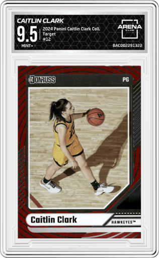 Caitlin Clark from the 2024 Panini Caitlin Clark Collection set featuring a Target parallel graded by Arena Club and given an overall grade of 9.5.