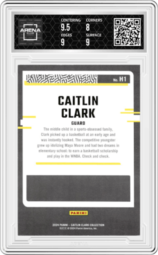 Caitlin Clark from the 2024 Panini Caitlin Clark Collection set graded by Arena Club and given an overall grade of 8.5.