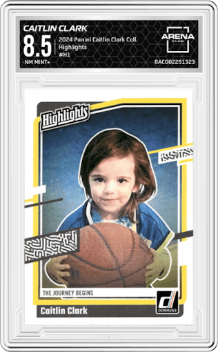 Caitlin Clark from the 2024 Panini Caitlin Clark Collection set graded by Arena Club and given an overall grade of 8.5.