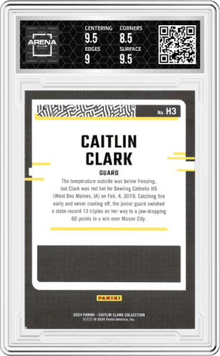 Caitlin Clark from the 2024 Panini Caitlin Clark Collection set featuring a Target parallel graded by Arena Club and given an overall grade of 8.5.