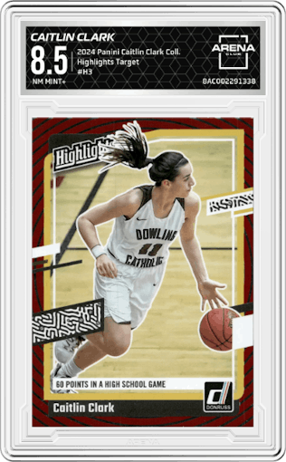 Caitlin Clark from the 2024 Panini Caitlin Clark Collection set featuring a Target parallel graded by Arena Club and given an overall grade of 8.5.