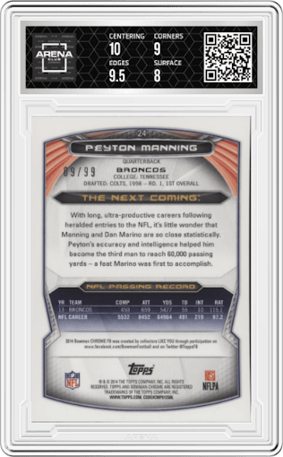 Peyton Manning from the 2014 Bowman Chrome set featuring a Bubbles Refractor parallel graded by Arena Club and given an overall grade of 8.5.