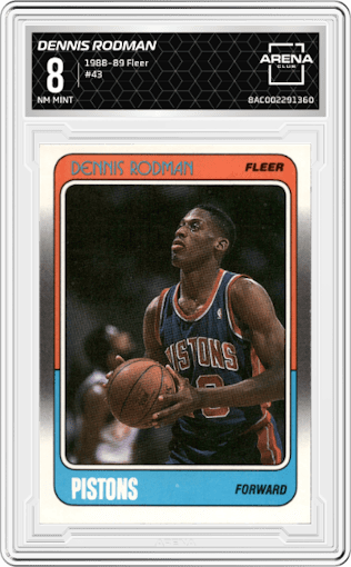 Dennis Rodman from the 1988-89 Fleer set graded by Arena Club and given an overall grade of 8.